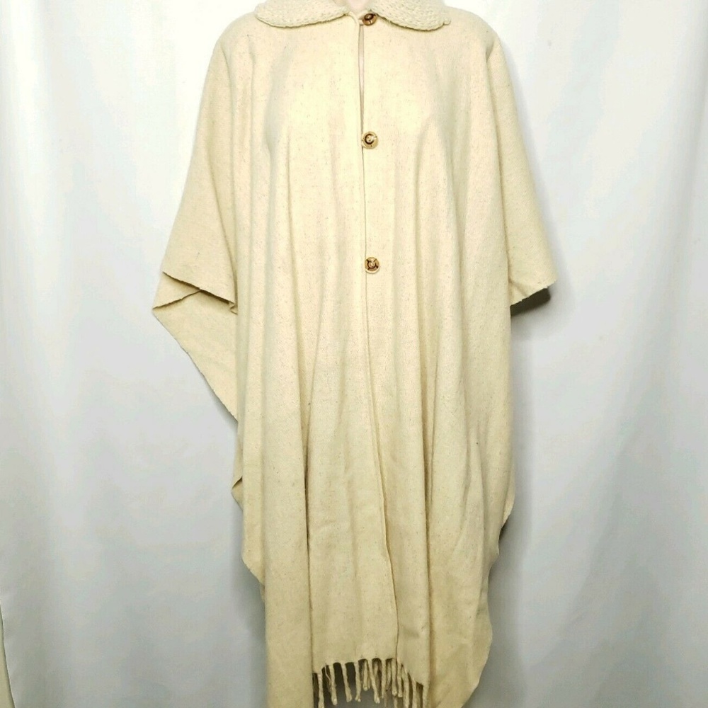 Vintage Beige Oatmeal Wool Blanket Poncho Cape - Picture 4 of 8